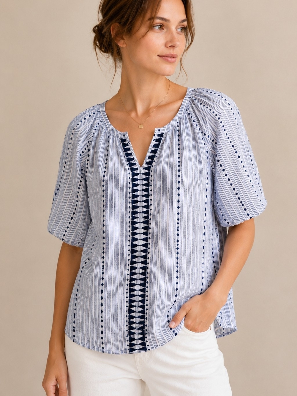 Caffé Marrakesh Women’s M Embroidered Striped Flutter Sleeve Top Blue White NWT